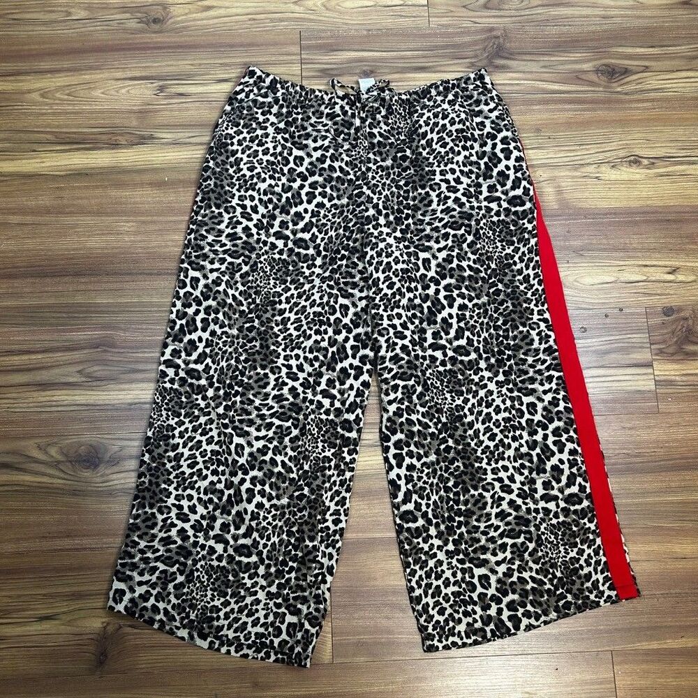 Shein Curve Leopard Print Wide Leg Pants Womens 3XL Red Side Stripe Elastic